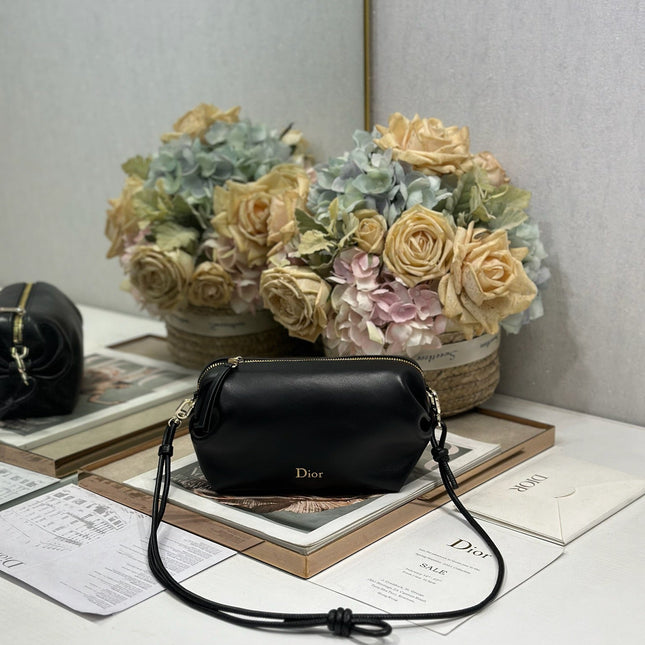 DIOR 26S BOW POUCH BAG 20 IN BLACK LAMBSKIN