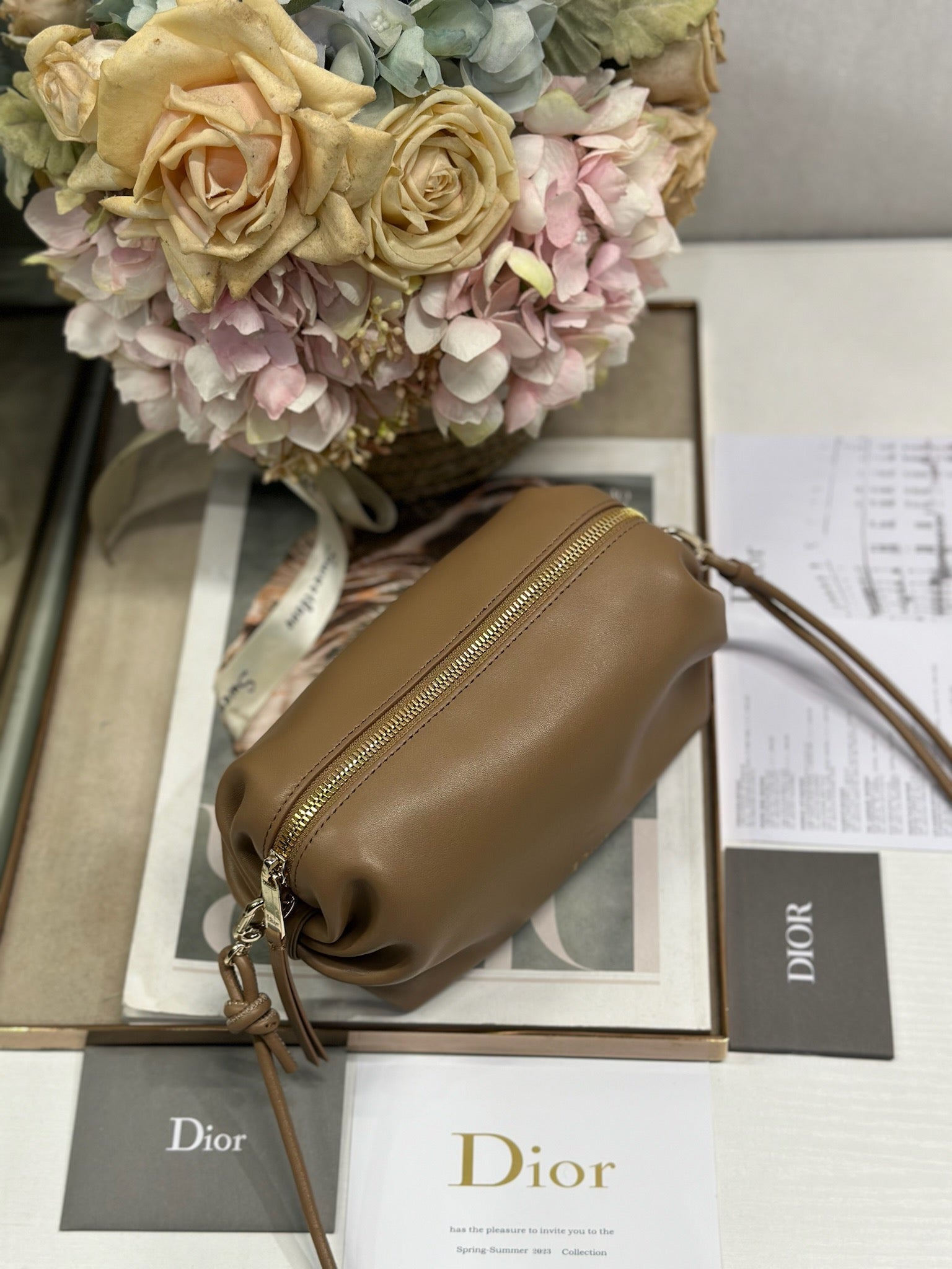 DIOR 26S BOW POUCH BAG 20 IN BROWN LAMBSKIN