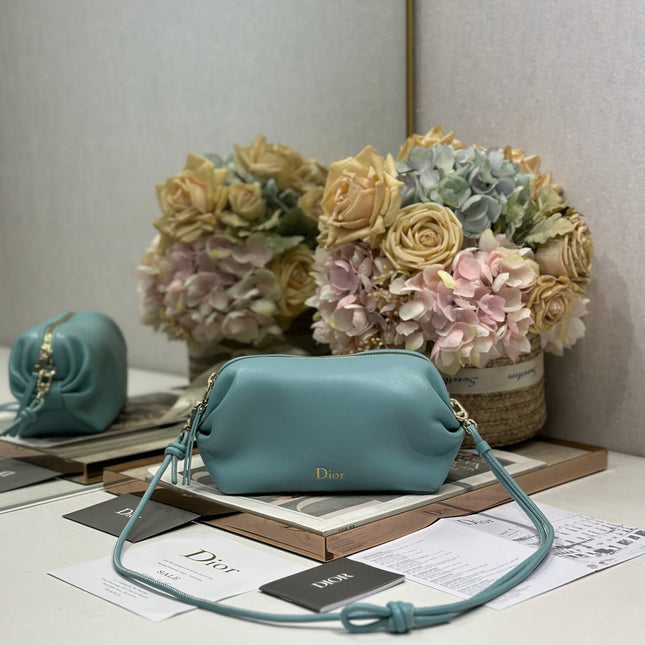 DIOR 26S BOW POUCH BAG 20 IN BLUE LAMBSKIN