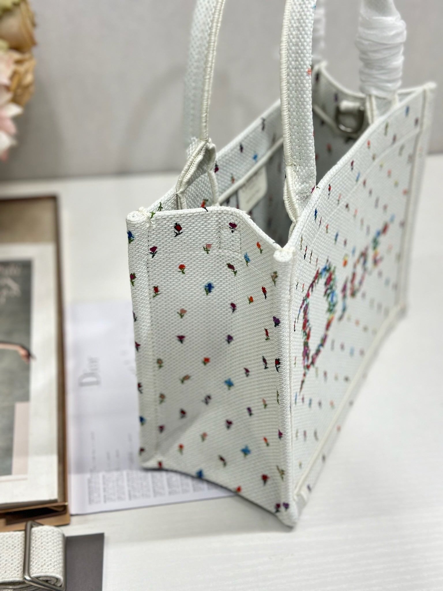 DIOR 26S BOOK TOTE BAG 26 IN MULTICOLOR MICRO FLORAL BAYADERE FABRIC