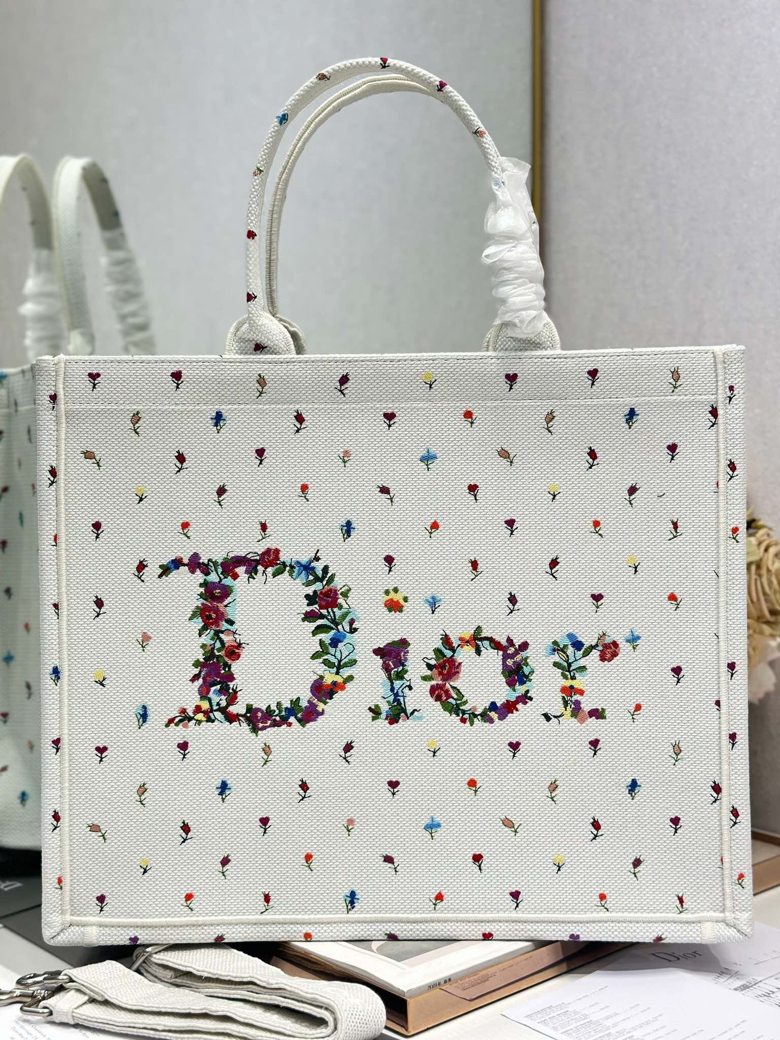DIOR 26S BOOK TOTE BAG 42 IN MULTICOLOR MICRO FLORAL BAYADERE FABRIC