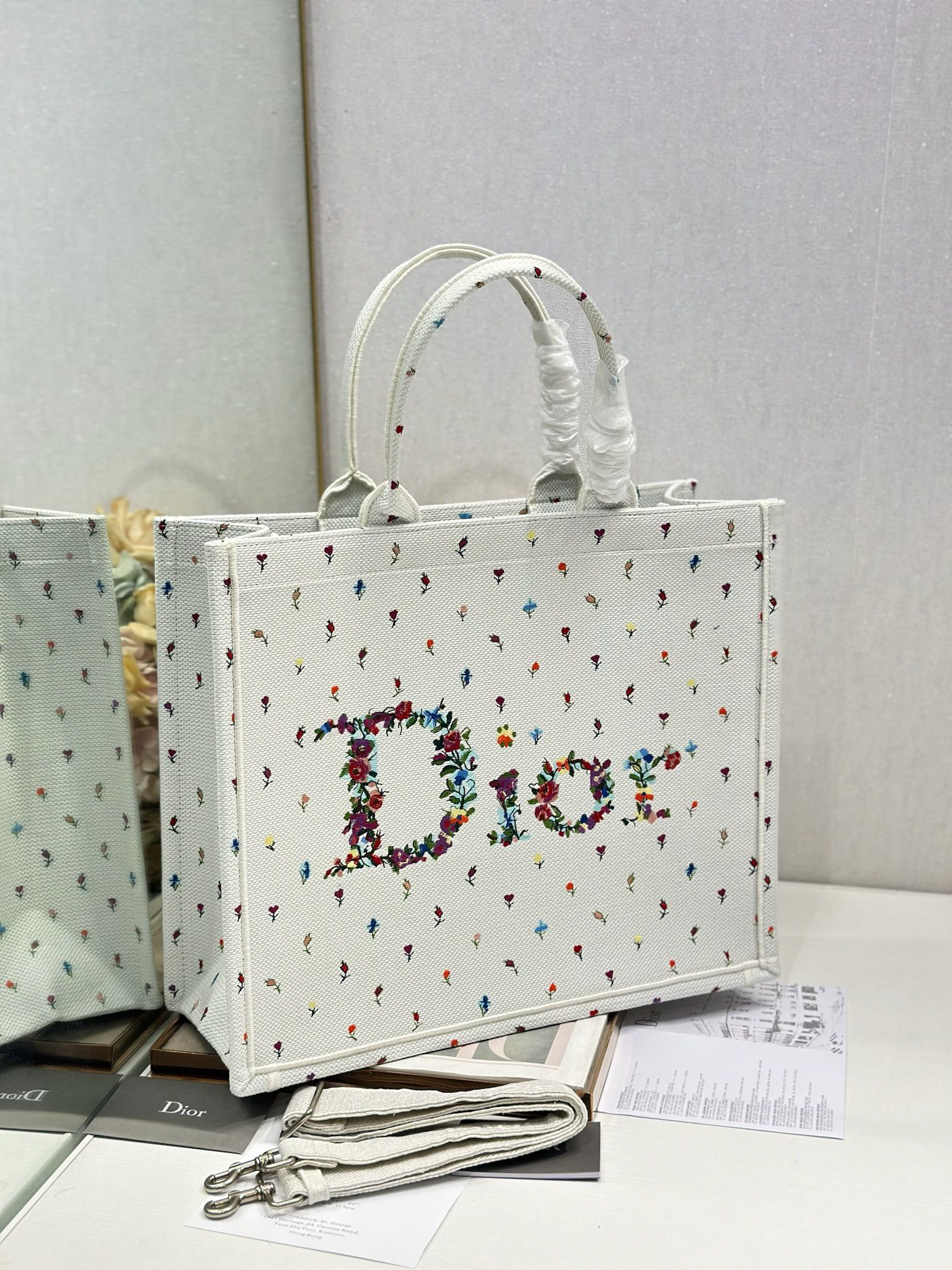 DIOR 26S BOOK TOTE BAG 42 IN MULTICOLOR MICRO FLORAL BAYADERE FABRIC