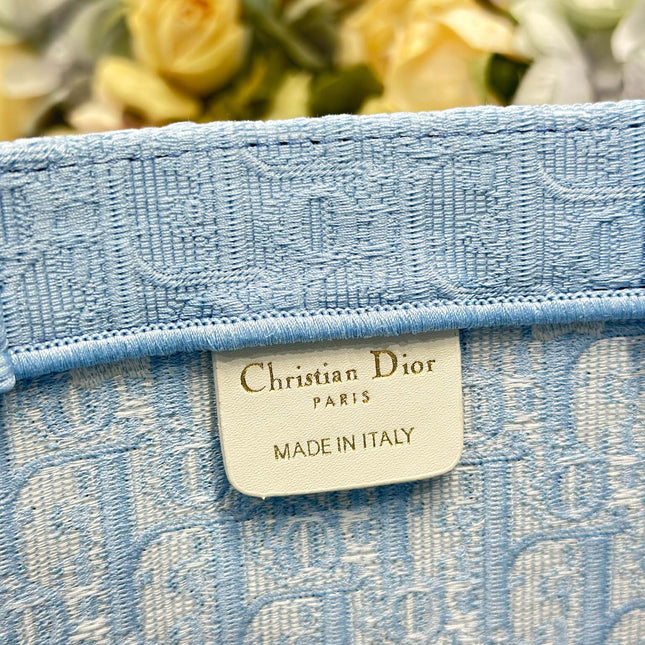 DIOR 26S BOOK TOTE BAG 36 IN BLUE AND WHITE LACE BAYADERE FABRIC