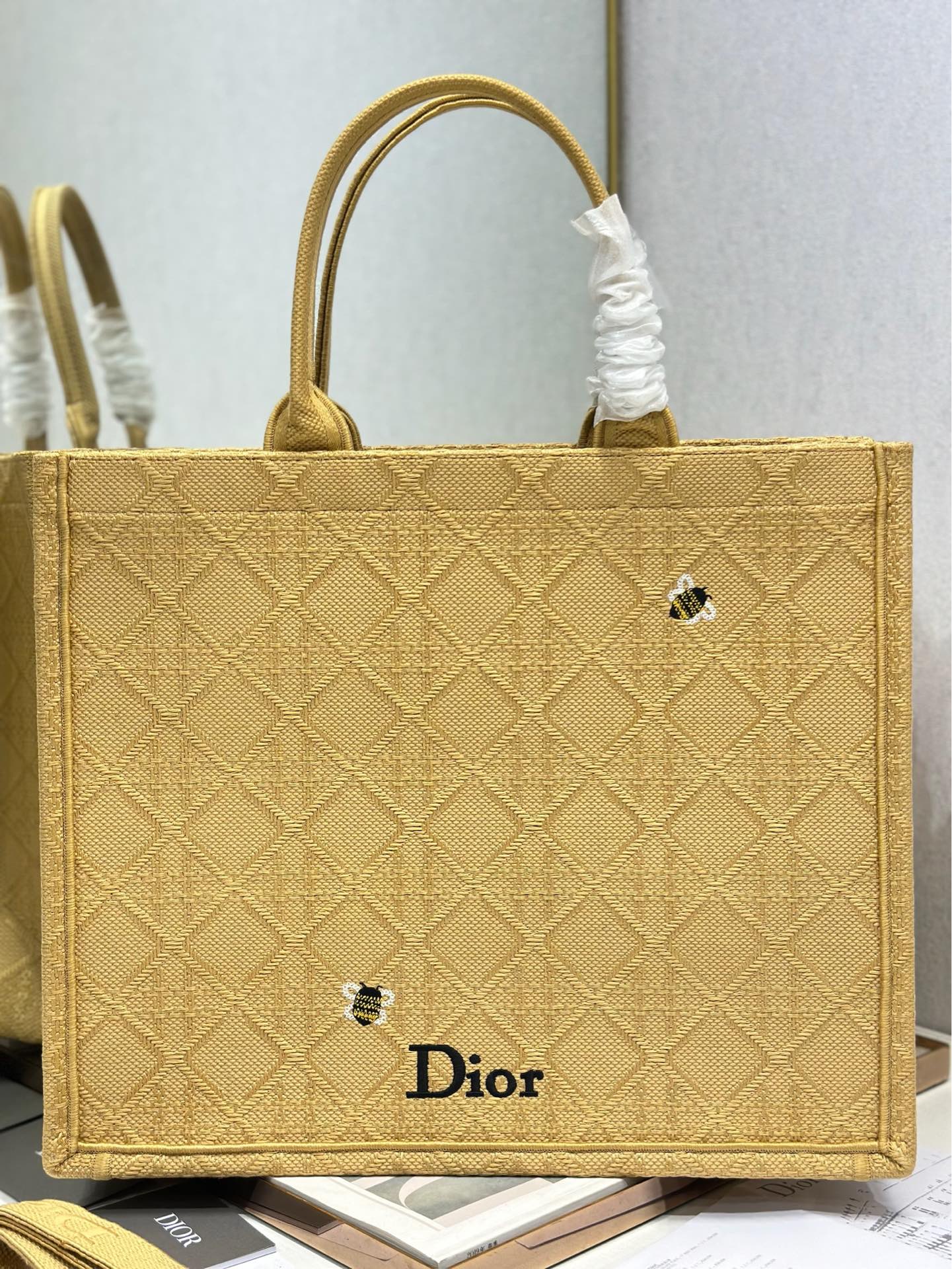 DIOR 26S BOOK TOTE BAG 42 IN BEIGE BAYADERE FABRIC D-STRIPES EMBROIDERY