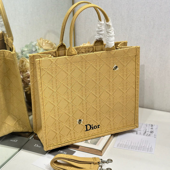 DIOR 26S BOOK TOTE BAG 42 IN BEIGE BAYADERE FABRIC D-STRIPES EMBROIDERY