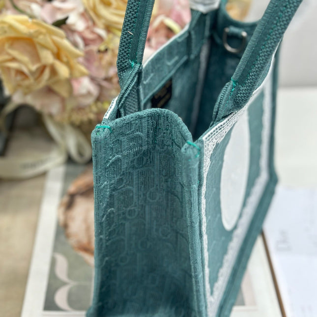 DIOR 26S BOOK TOTE BAG 26 IN TEAL GREEN AND WHITE BAYADERE FABRIC