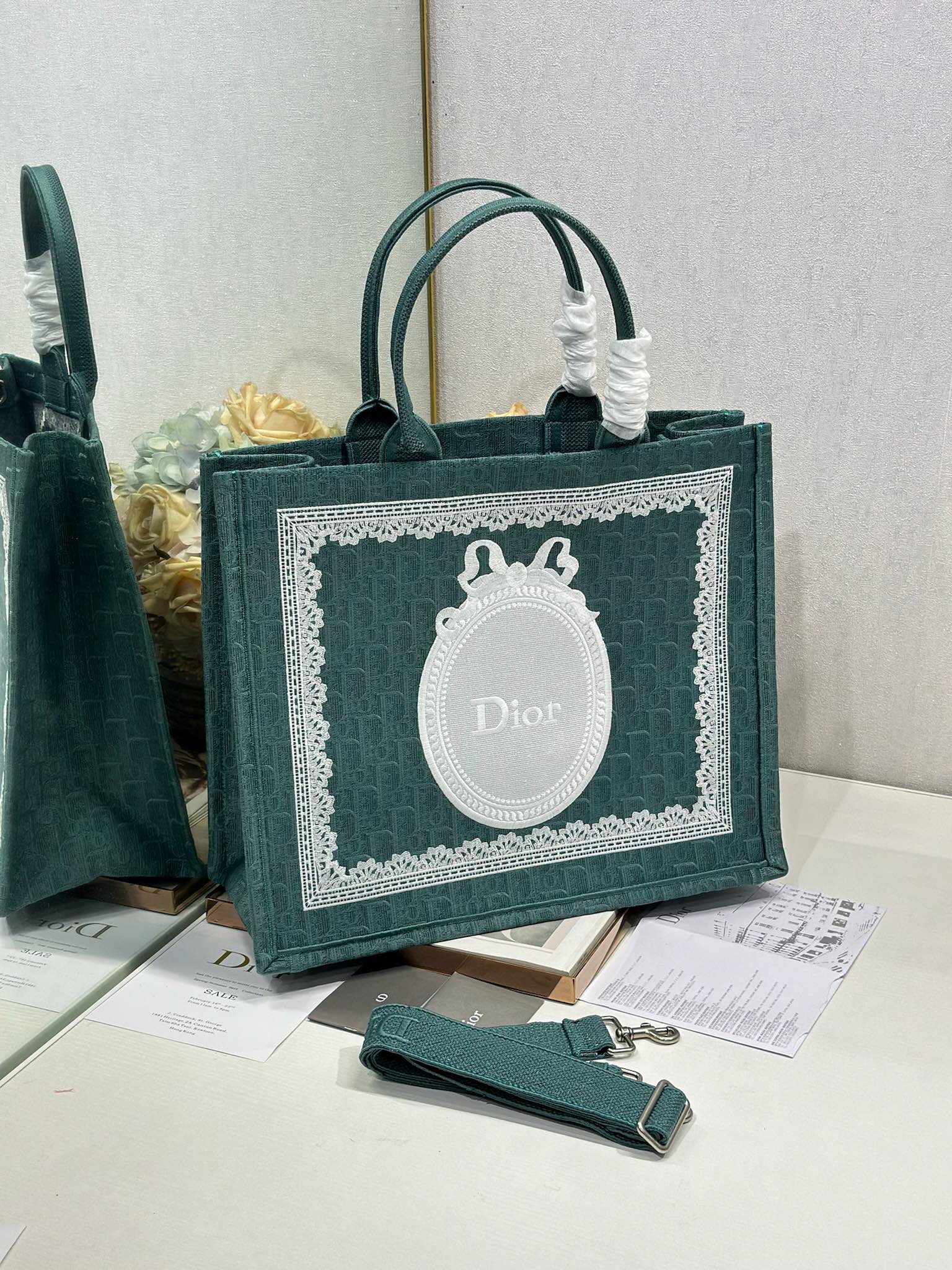 DIOR 26S BOOK TOTE BAG 42 IN TEAL GREEN AND WHITE BAYADERE FABRIC