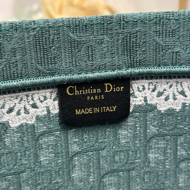 DIOR 26S BOOK TOTE BAG 42 IN TEAL GREEN AND WHITE BAYADERE FABRIC