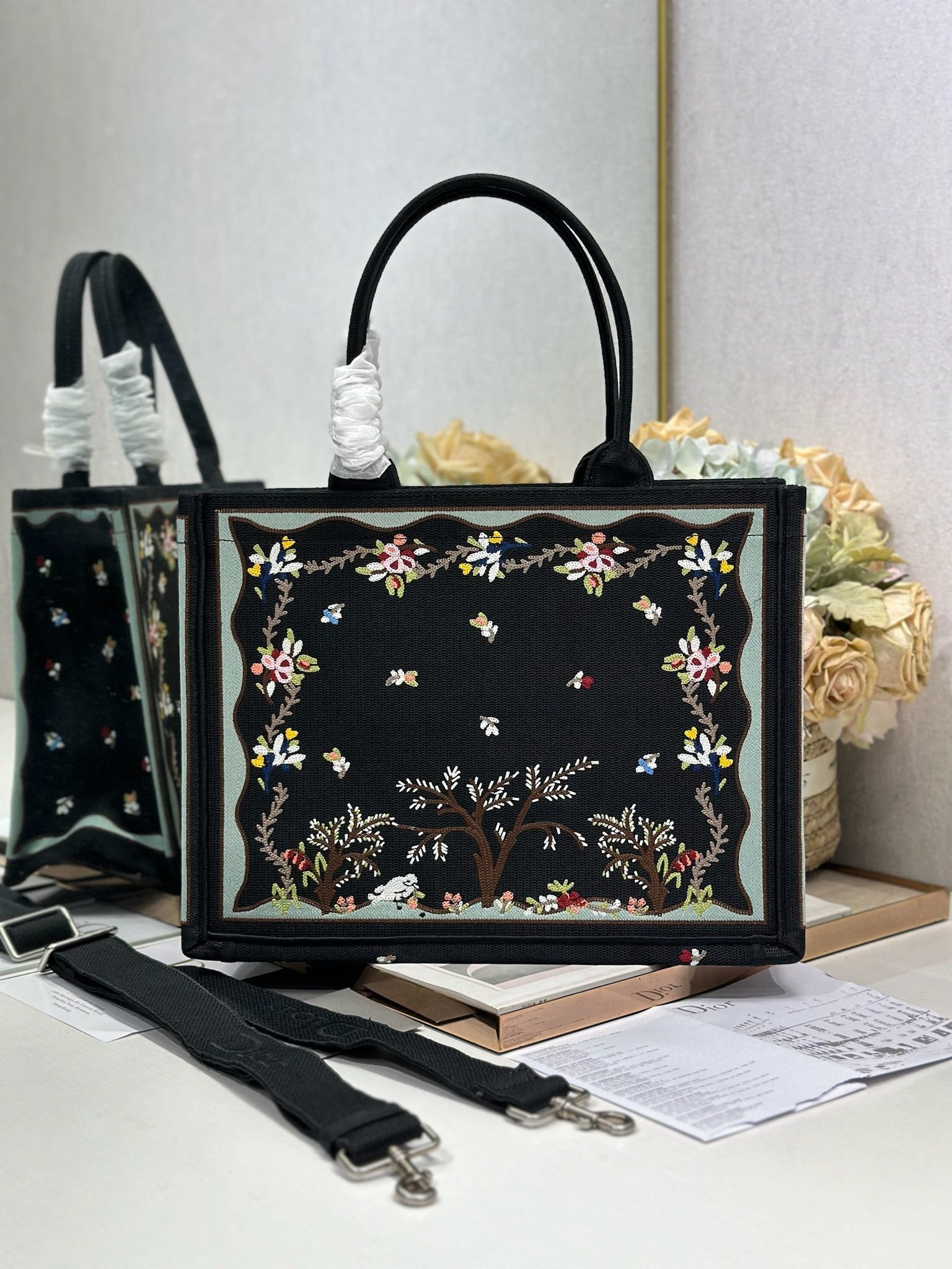 DIOR 26S BOOK TOTE BAG 36 IN BLACK PATTERNED BAYADERE FABRIC
