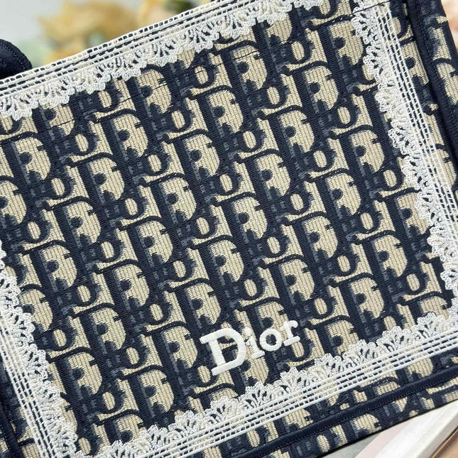 DIOR 26S BOOK TOTE BAG 26 IN NAVY BLUE AND BEIGE OBLIQUE FABRIC