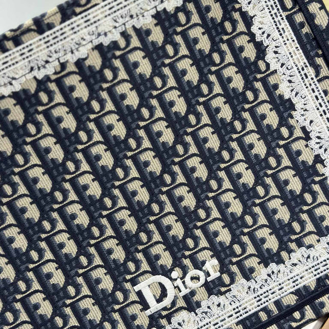 DIOR 26S BOOK TOTE BAG 36 IN NAVY BLUE AND BEIGE OBLIQUE FABRIC