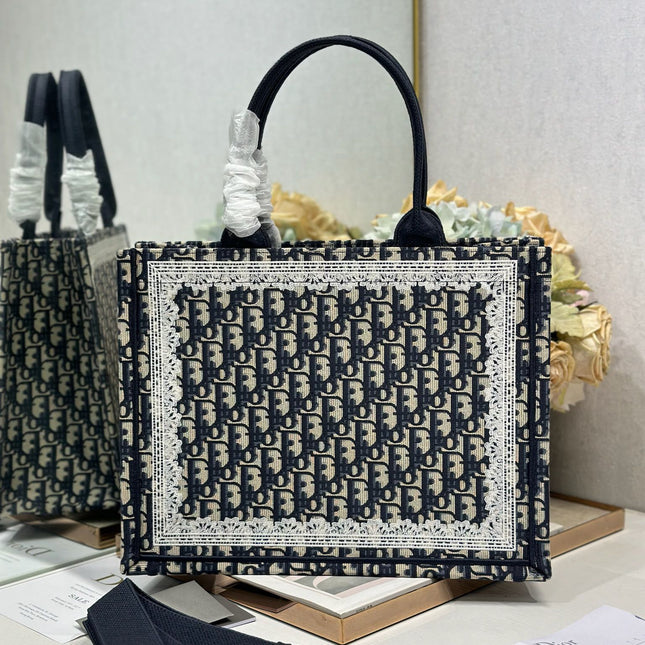 DIOR 26S BOOK TOTE BAG 36 IN NAVY BLUE AND BEIGE OBLIQUE FABRIC