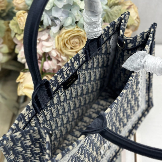 DIOR 26S BOOK TOTE BAG 36 IN NAVY BLUE AND BEIGE OBLIQUE FABRIC