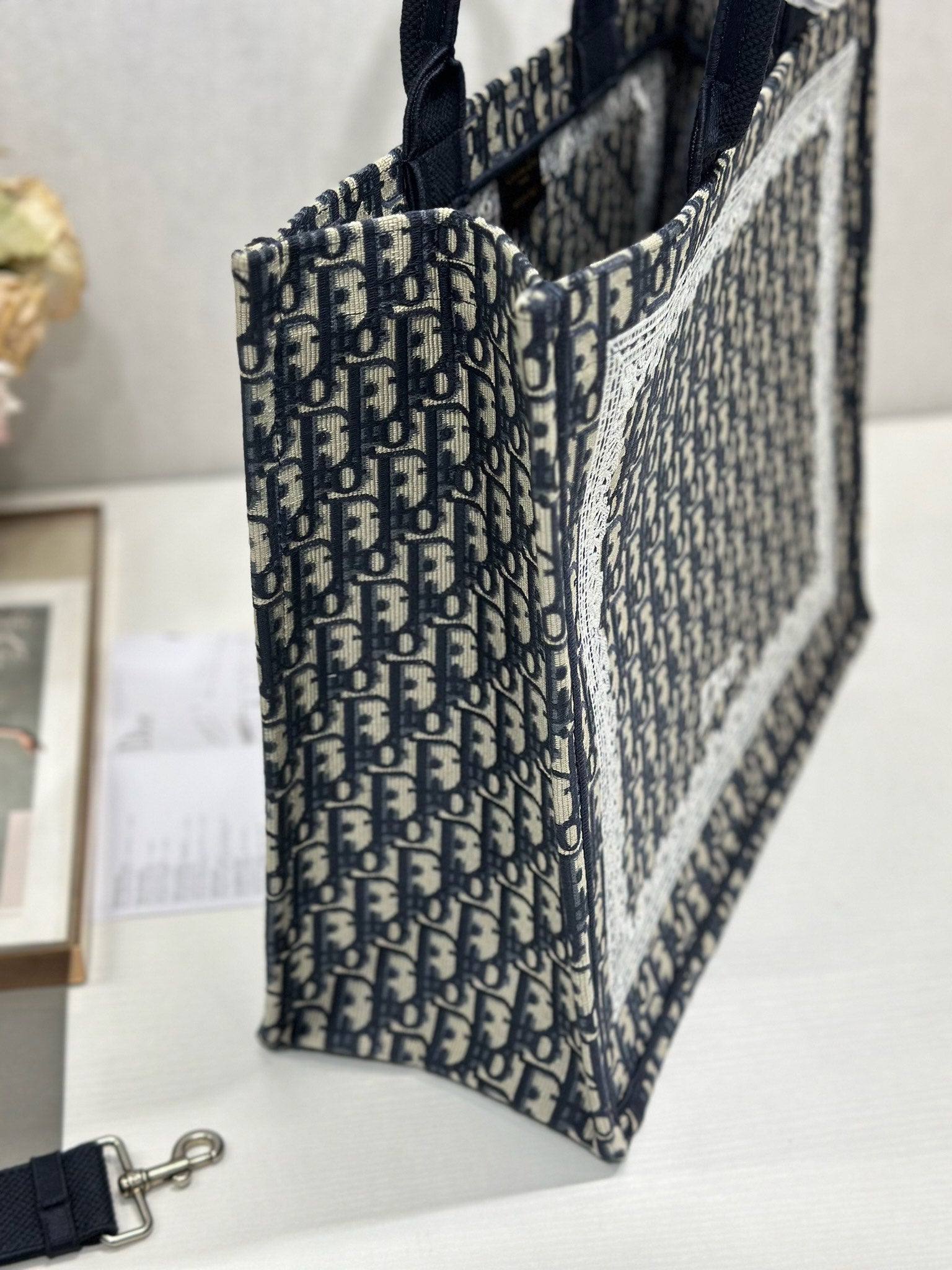 DIOR 26S BOOK TOTE BAG 42 IN NAVY BLUE AND BEIGE OBLIQUE FABRIC