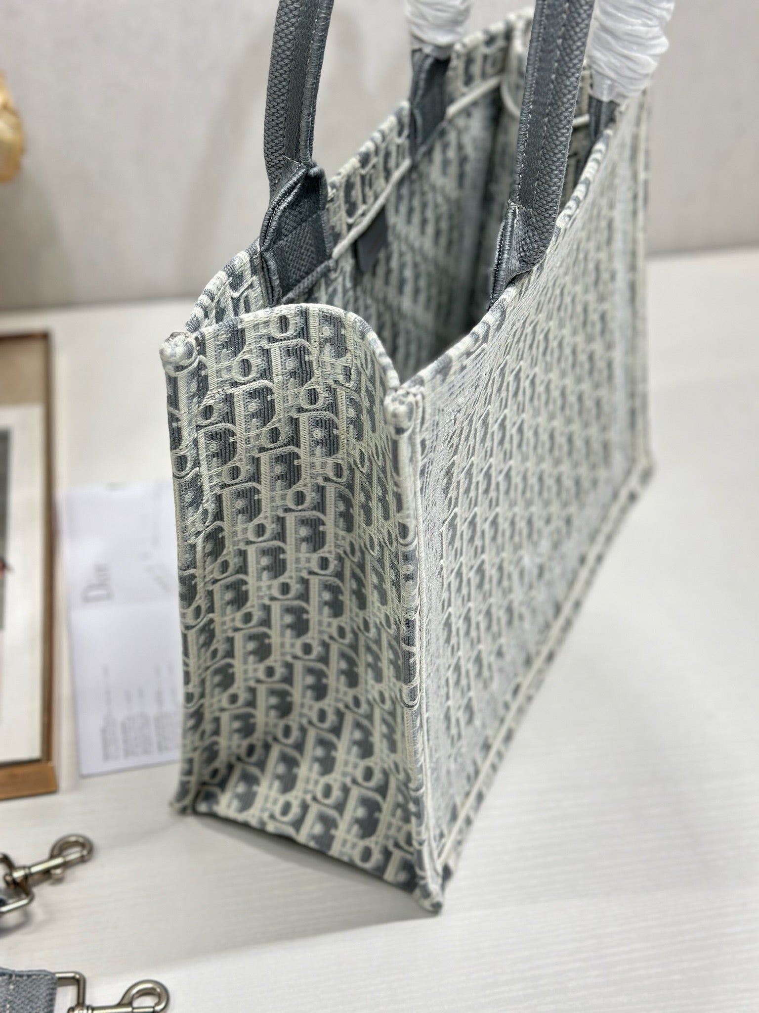 DIOR 26S BOOK TOTE BAG 36 IN GREY AND BEIGE FABRIC OBLIQUE FABRIC