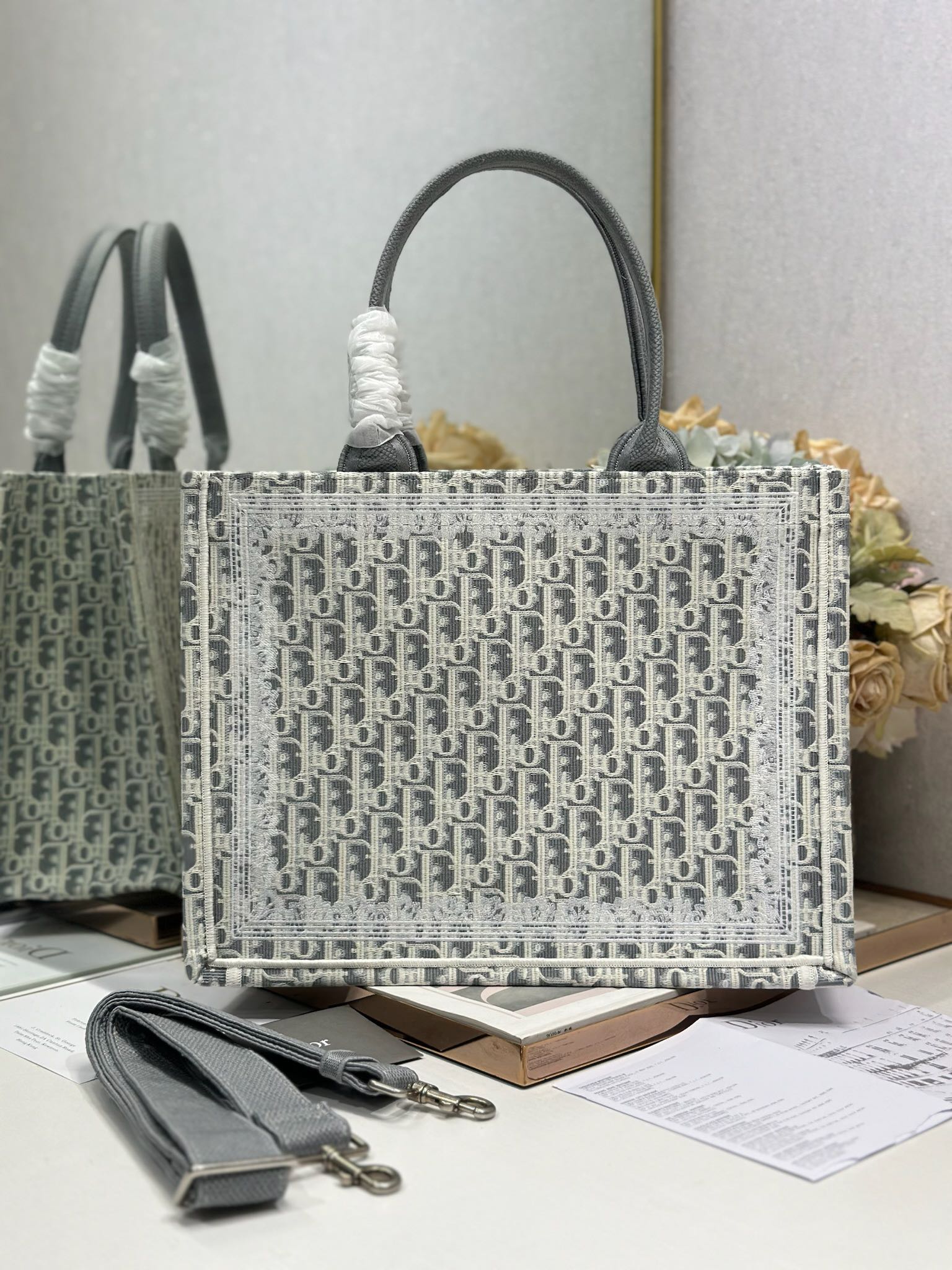 DIOR 26S BOOK TOTE BAG 36 IN GREY AND BEIGE FABRIC OBLIQUE FABRIC