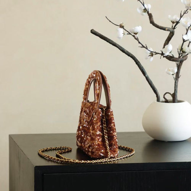 CC KELLY TOP HANDLE BAG 19 IN BROWN SEQUINED FINISH