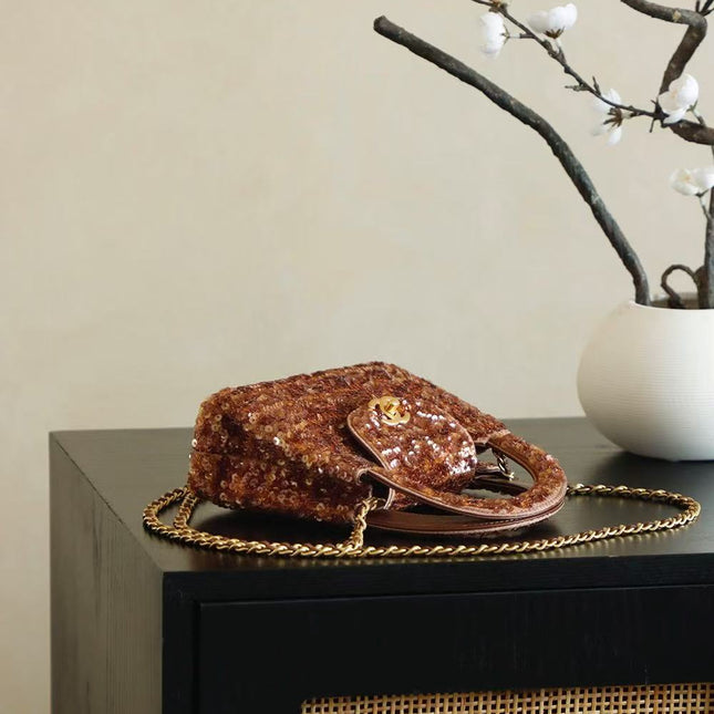 CC KELLY TOP HANDLE BAG 19 IN BROWN SEQUINED FINISH