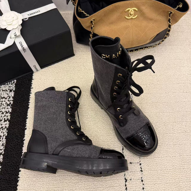 LACE-UP ANKLE BOOTS IN BLACK DENIM MIX CALFSKIN