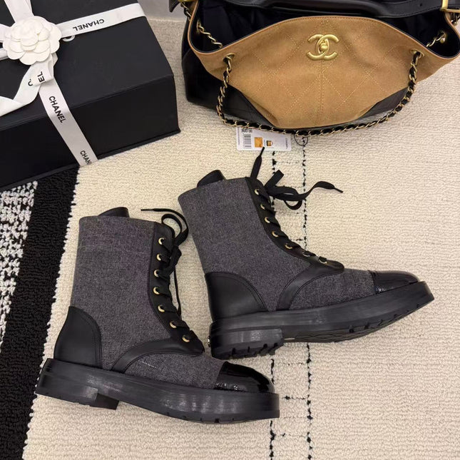 LACE-UP ANKLE BOOTS IN BLACK DENIM MIX CALFSKIN