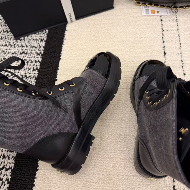 LACE-UP ANKLE BOOTS IN BLACK DENIM MIX CALFSKIN