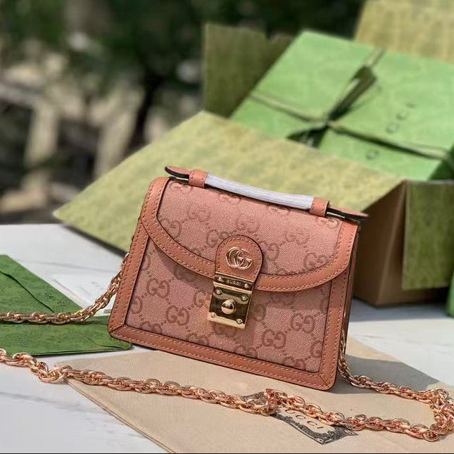 GUCCI OPHIDIA SHOULDER BAG 17 IN PINK CANVAS WITH LEATHER TRIM