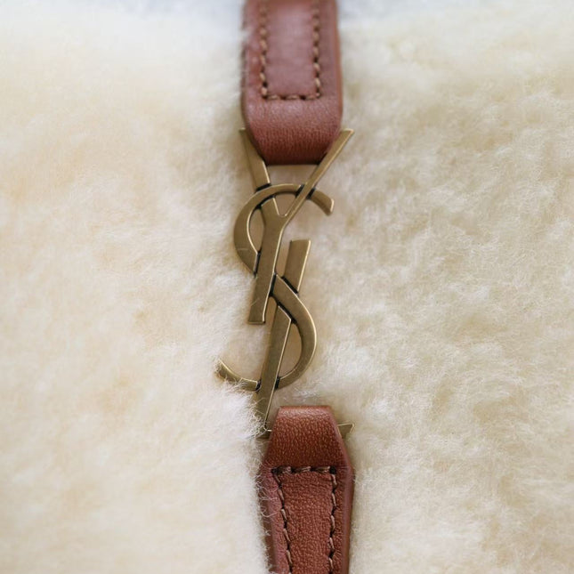 YSL LE 15 MINI SHEARLING BUCKET BAG IN CREAM BEIGE WITH LEATHER TRIM