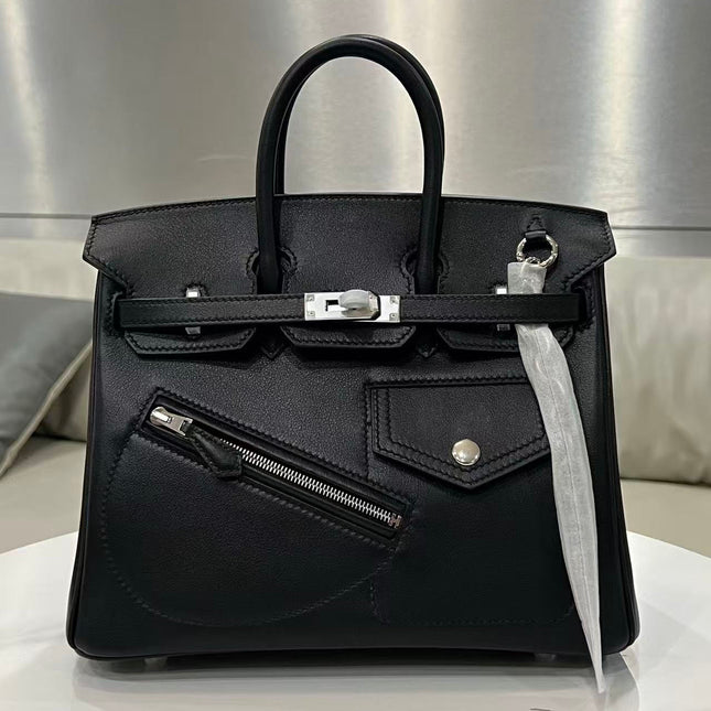 HM ROCK BIRKIN 25 BAG IN BLACK TOGO SILVER HARDWARE.