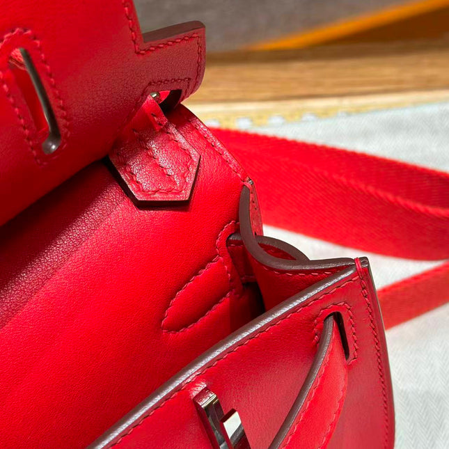 HM MINI JYPSIERE BAG IN RED SWIFT LEATHER SILVER HARDWARE.