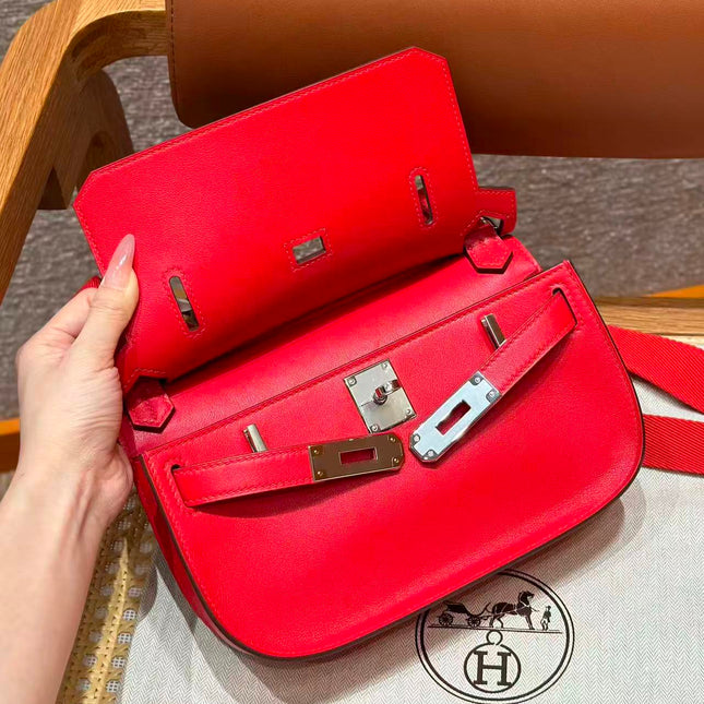 HM MINI JYPSIERE BAG IN RED SWIFT LEATHER SILVER HARDWARE.
