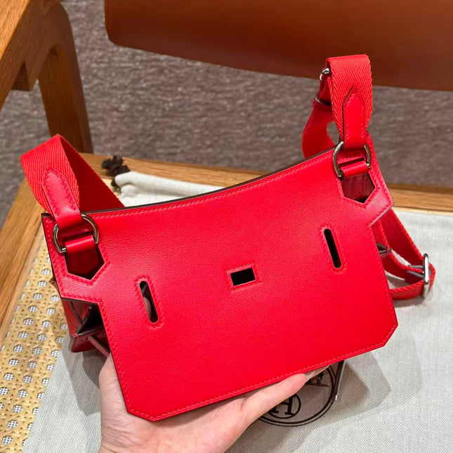 HM MINI JYPSIERE BAG IN RED SWIFT LEATHER SILVER HARDWARE.