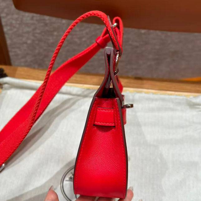 HM MINI JYPSIERE BAG IN RED SWIFT LEATHER SILVER HARDWARE.