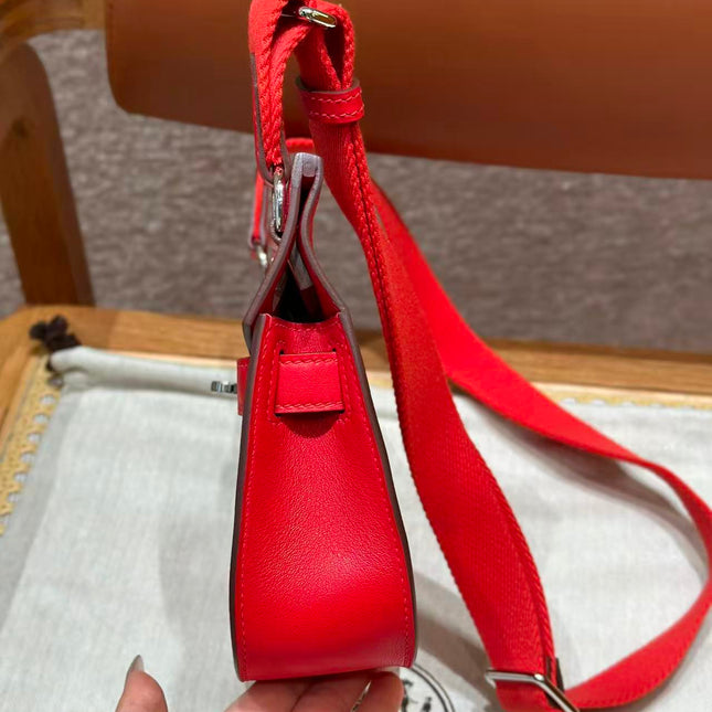 HM MINI JYPSIERE BAG IN RED SWIFT LEATHER SILVER HARDWARE.