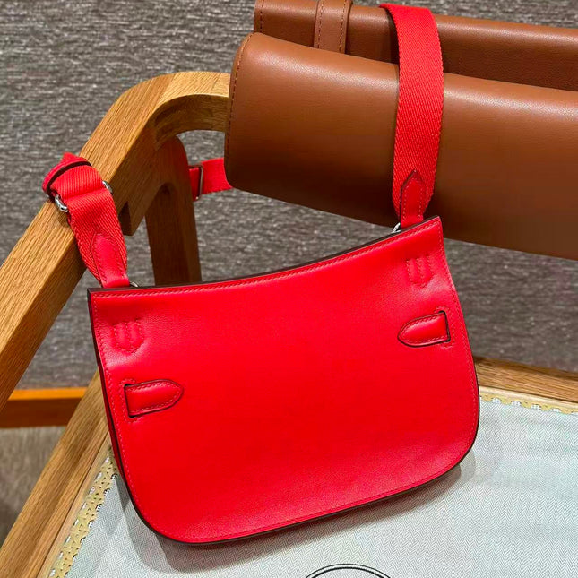 HM MINI JYPSIERE BAG IN RED SWIFT LEATHER SILVER HARDWARE.