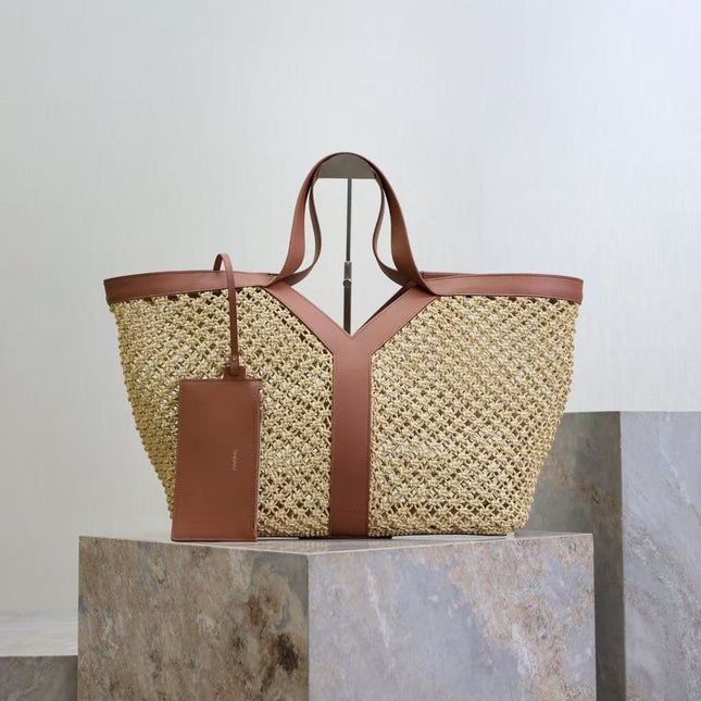 YSL Y TOTE 50 IN BEIGE RAFFIA GOLD HARDWARE