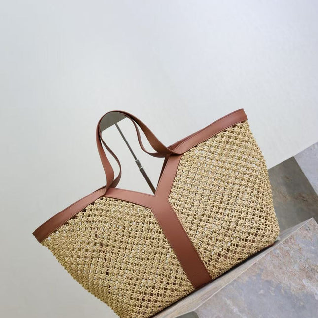 YSL Y TOTE 50 IN BEIGE RAFFIA GOLD HARDWARE