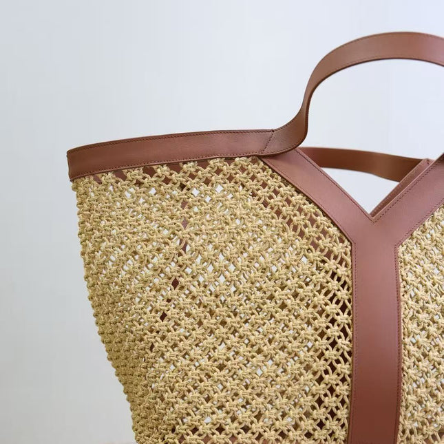 YSL Y TOTE 50 IN BEIGE RAFFIA GOLD HARDWARE