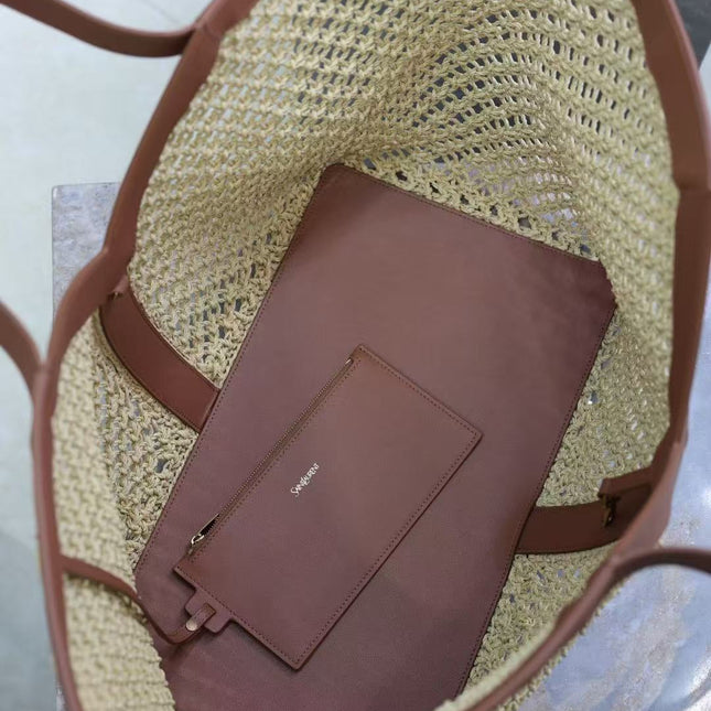 YSL Y TOTE 50 IN BEIGE RAFFIA GOLD HARDWARE