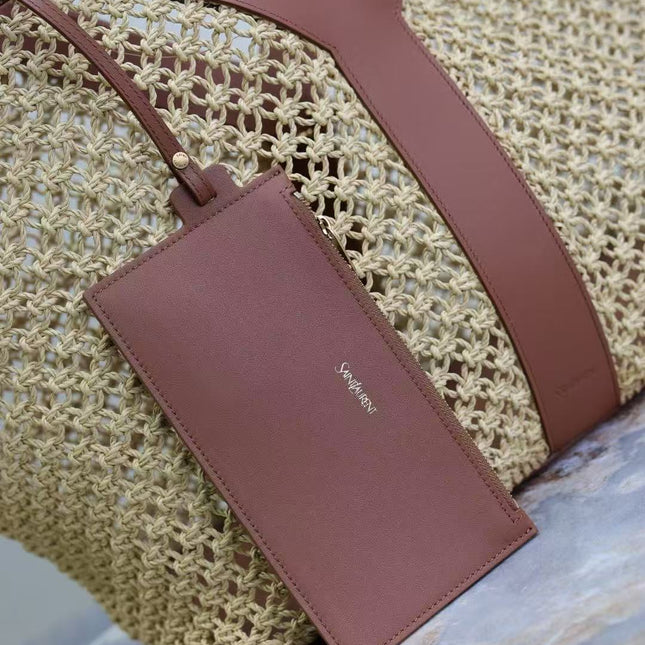 YSL Y TOTE 50 IN BEIGE RAFFIA GOLD HARDWARE