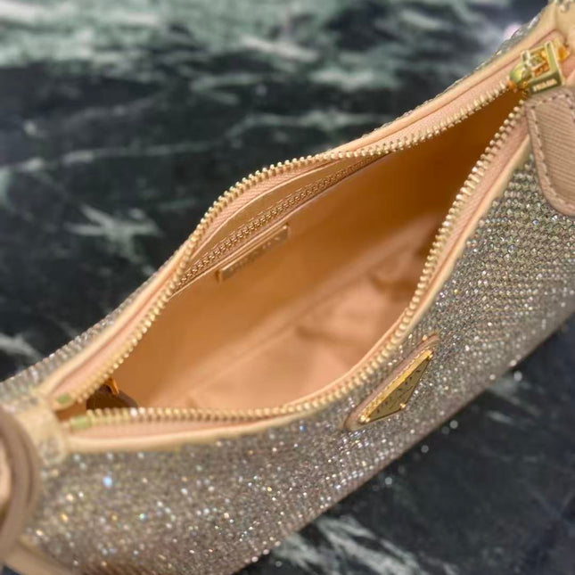 PRADA RE-EDITION 22 BAG IN BEIGE STUDDED CRYSTAL