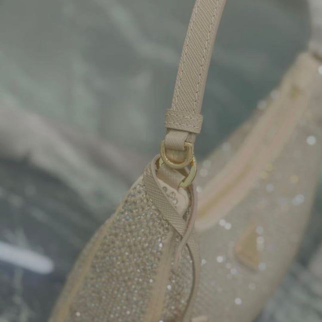 PRADA RE-EDITION 22 BAG IN BEIGE STUDDED CRYSTAL