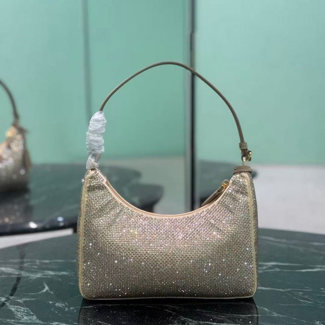 PRADA RE-EDITION 22 BAG IN BEIGE STUDDED CRYSTAL