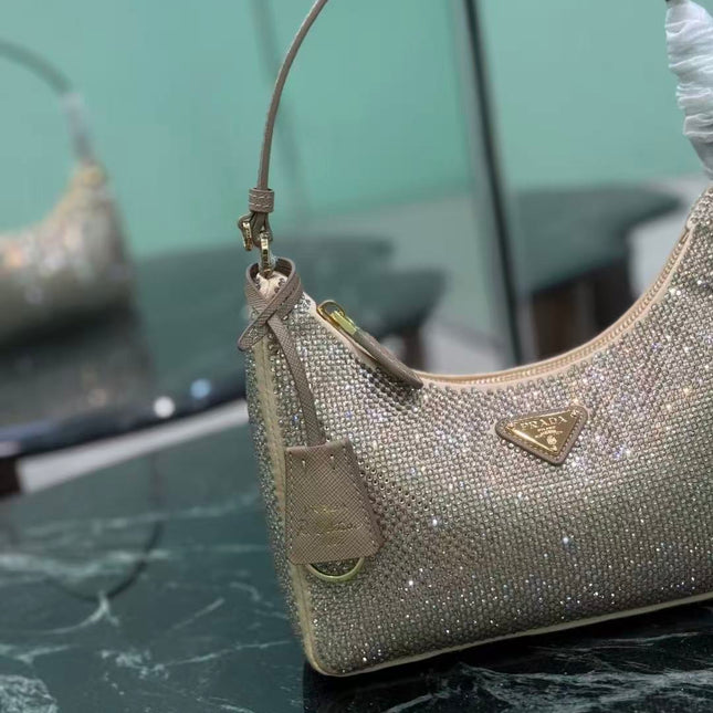PRADA RE-EDITION 22 BAG IN BEIGE STUDDED CRYSTAL