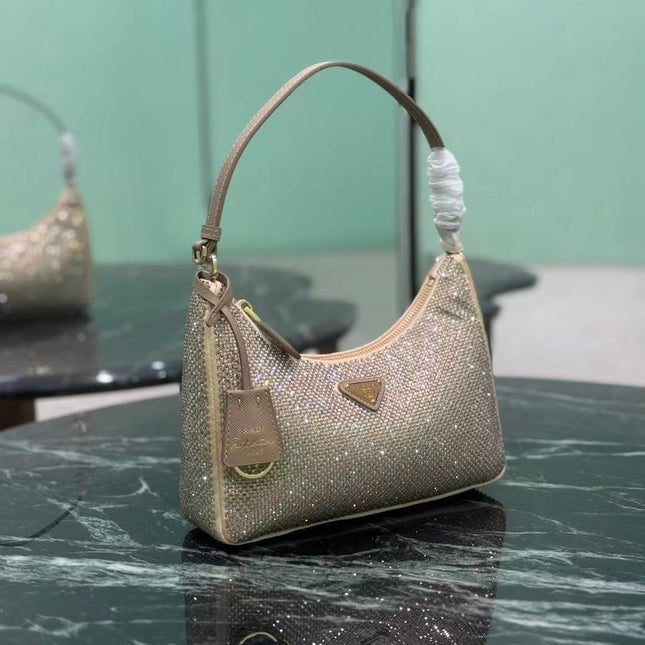 PRADA RE-EDITION 22 BAG IN BEIGE STUDDED CRYSTAL