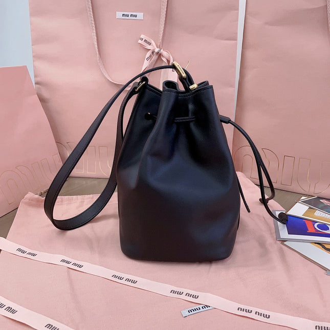 MIUMIU BUCKET BAG EMBOSSED LOGO 22 IN BLACK CALFSKIN