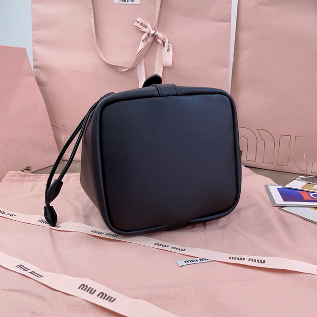 MIUMIU BUCKET BAG EMBOSSED LOGO 22 IN BLACK CALFSKIN