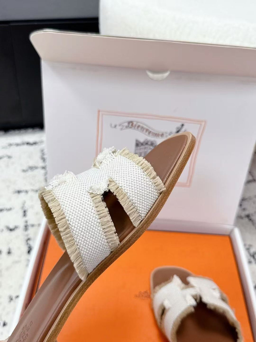26S ORAN FRINGED SLIDE SANDALS IN ECRU CANVAS