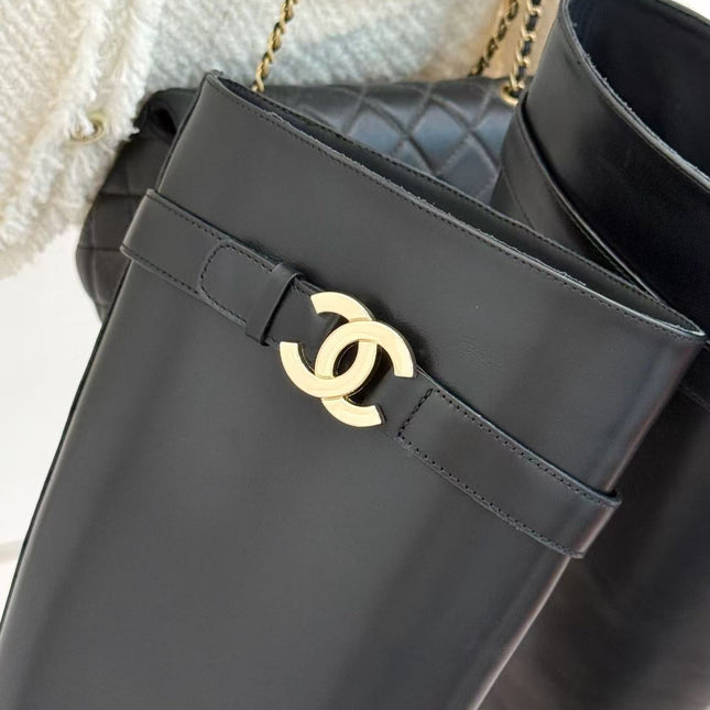 CHANEL 26S KNEE HIGH BOOTS IN BLACK CALFSKIN
