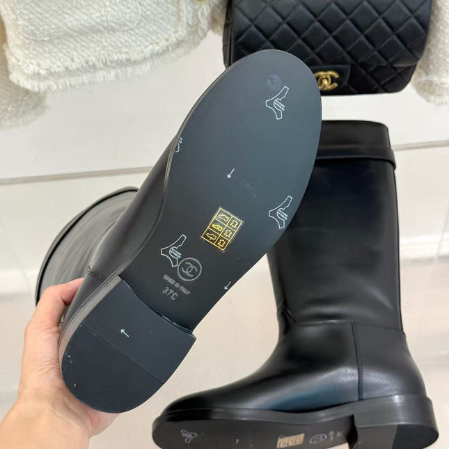 CHANEL 26S KNEE HIGH BOOTS IN BLACK CALFSKIN