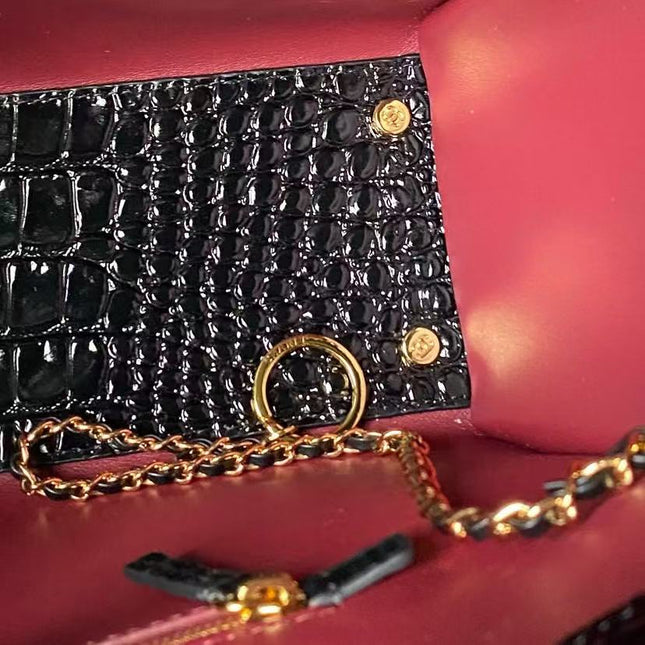 CHANEL 26S CERF TOTE BAG IN BLACK CALFSKIN CROCODILE EMBOSSED GOLD HARDWARE